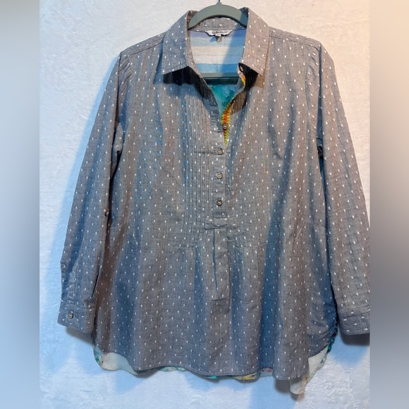 John Mark Blouse Tunic Embroidery Back Floral Pink Turquoise side pockets Medium - Picture 2 of 10